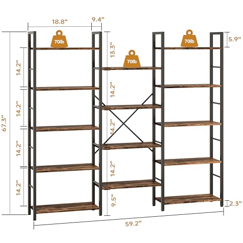 5-Tier Triple Column Industrial Bookshelf, Wide Open Display Bookcase