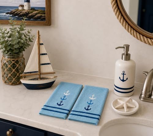 Coastal Nautical Fingertip Towels - 100% Cotton Embroidered Anchors, Set of 2