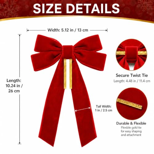 Red Velvet Christmas Bow Set — 24 Pack, 5.1 x 10.2 in, Pre-Tied