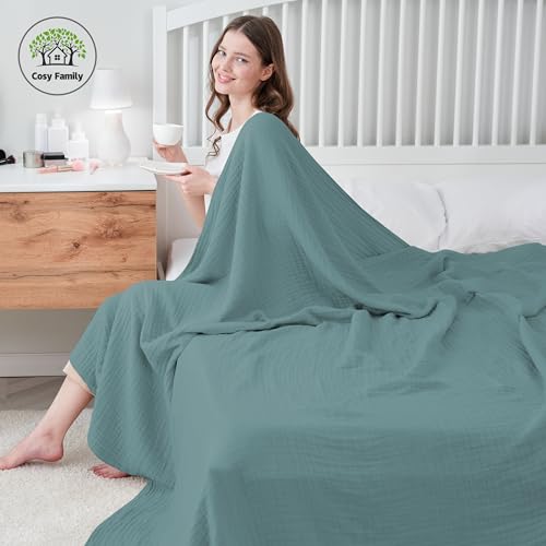 4-Layer Muslin Bed Blanket - Soft 100% Cotton, Green 55x80in