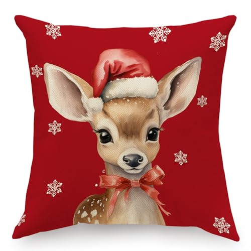 RLCMO Christmas Deer Hat Snowflake Throw Pillow Cover 18x18 Brown