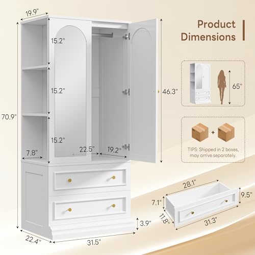 71-Inch Freestanding Wardrobe Closet with Full-Length Mirror and Drawers