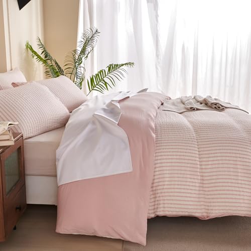 Queen Duvet Cover Set - Striped Pink Microfiber, 3 Pieces