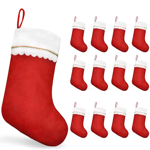 MNKXL 12 Pack Christmas Stockings - Large 19 Inch Red Felt Bulk Set with Gold Trim for Holiday Decor