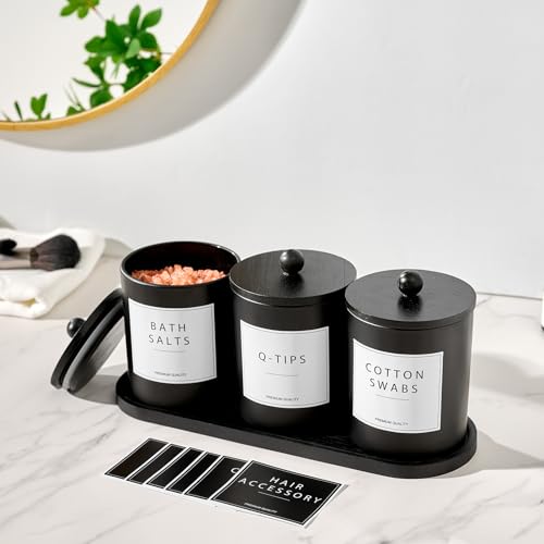 3-Piece Glass Bathroom Canister Set with Bamboo Tray - Black Cotton Holder