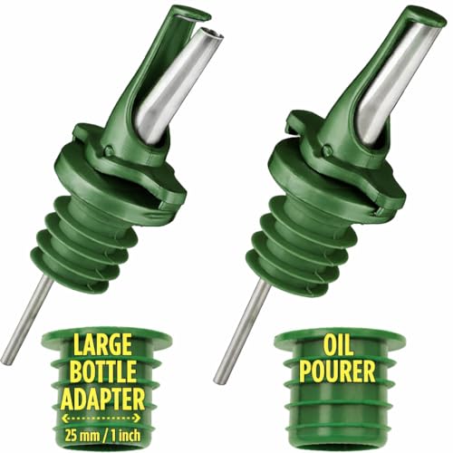 Airtight Olive Oil Pour Spout - One-Handed Bottle Pourer, Green - 2 Pack