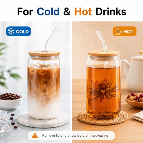 16 oz Glass Coffee Cup with Bamboo Lid and Straw, Reusable Iced Drink Tumbler