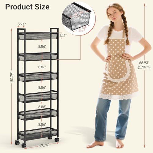 6-Tier Slim Rolling Storage Cart - Narrow Metal Mobile Shelving Unit