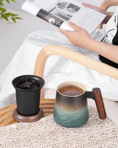 ZENS Blue Mountain 14.5oz Tea Mug with Infuser, Lid & Wooden Handle - Handcrafted Ceramic Steeper