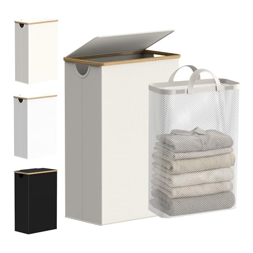 Slim Laundry Basket with Lid, 75L Narrow Hamper with Removable Bag