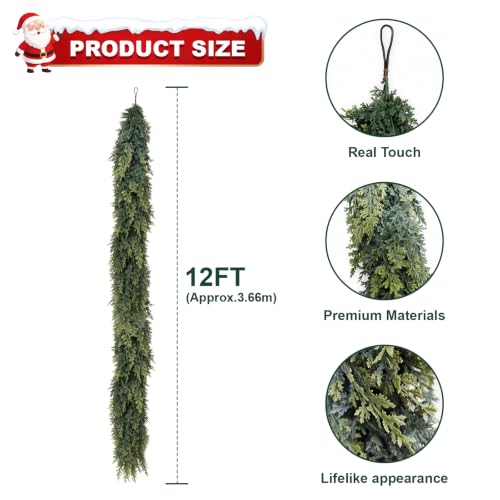 POOWUUDT 12FT Artificial Cedar Garland Christmas Holiday Decor Indoor Outdoor