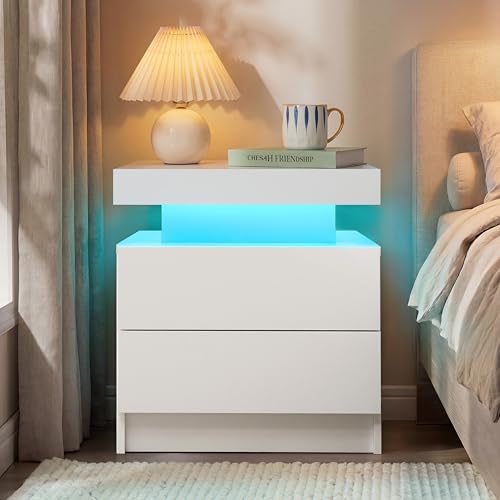 Modern White 2-Drawer Nightstand Set with App-Controlled RGB LED Lights