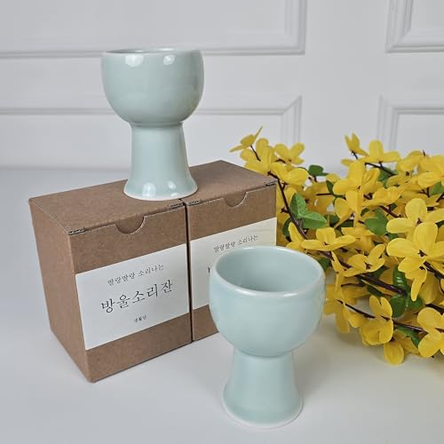 Korean Ceramic Shot Glass Set with Bell Sound - Sake & Soju Cups, Traditional Design, 2 Pack