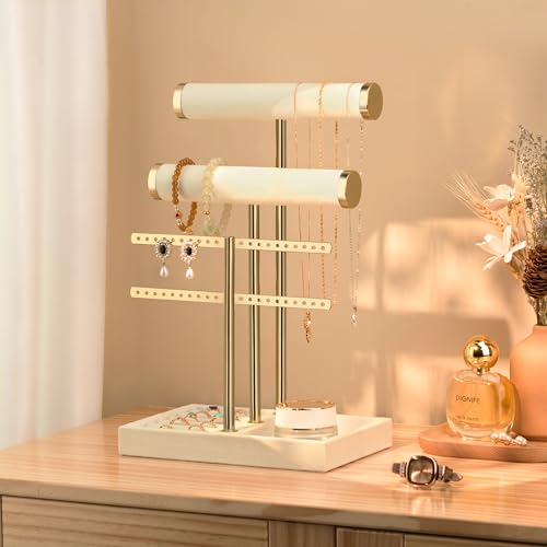 Beige Velvet Jewelry Organizer Stand with Multi-Tier Display Tray