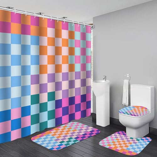 4-Piece Checkered Shower Curtain and Bath Rug Set with Toilet Mat