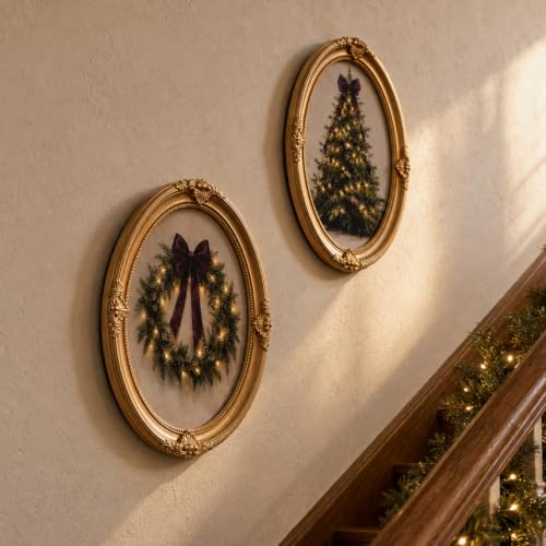2 Pcs Vintage Gold Framed Wall Art 8x10 Oval Bow & Wreath Set (Pinkunn) - Pre Framed Canvas