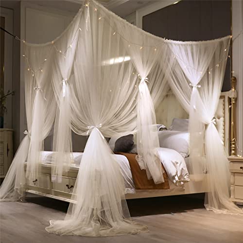 4 Corner Post Bed Canopy Curtain - Double Layer Queen Mosquito Net (White)