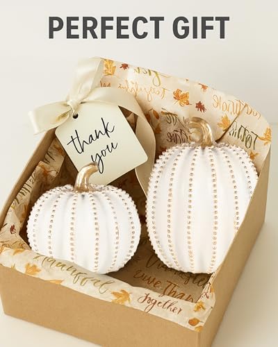 Set of 2 White & Gold Decorative Pumpkins for Fall Decor