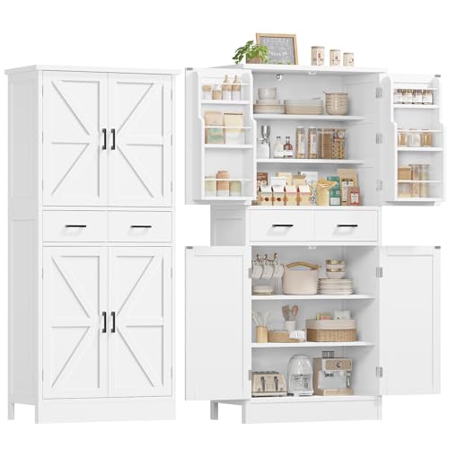 Tall Farmhouse Pantry Cabinet with Barn Doors, Adjustable Shelves & Drawer
