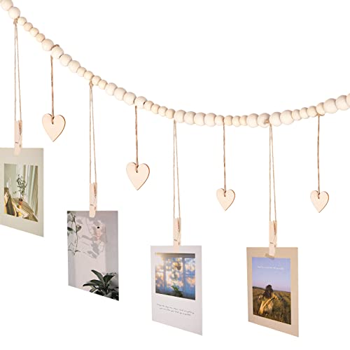 Boho Wood Bead Hanging Photo Display with 9 Clips & Heart Tags