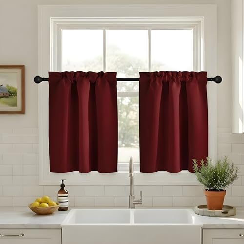 Burgundy Red Kitchen Short Curtains - 30 Inch Farmhouse Tier Drapes, 2 Panels