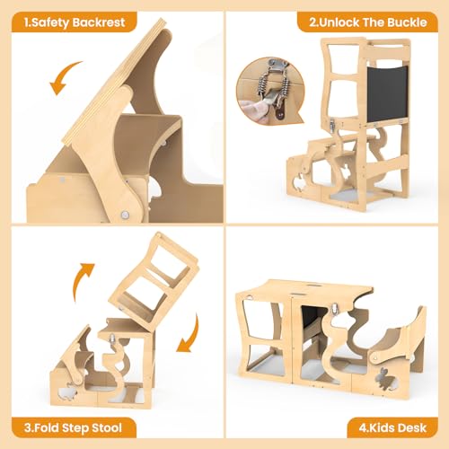 3-in-1 Foldable Toddler Kitchen Helper Stool with Chalkboard & Safety Rail