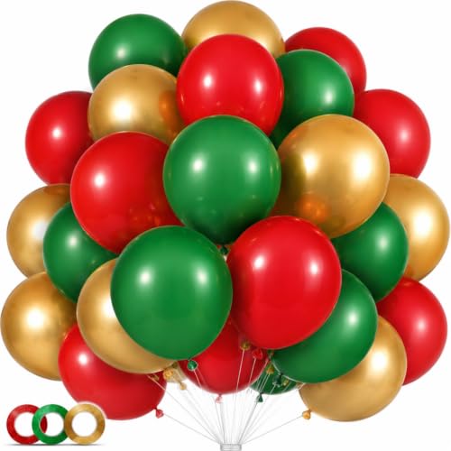 Red Green Gold Christmas Ceiling Balloon Kit with Ribbons & String - 30pcs