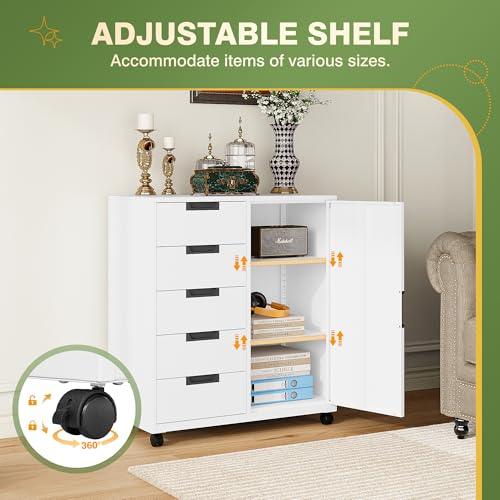 5-Drawer Metal Rolling Storage Cabinet with Adjustable Shelf - White