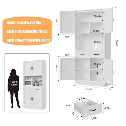 71" Tall Kitchen Pantry Cabinet with Microwave Counter & Drawers - White
