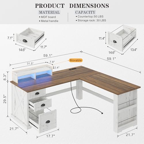 59-Inch L-Shaped Farmhouse Computer Desk with LED Lights, Drawers and Charging