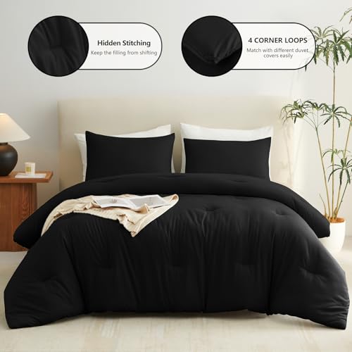 Queen Size Comforter Set - 3-Piece All Season Down Alternative Bedding, Black
