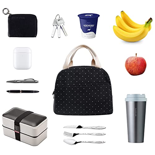 Compact Insulated Polka Dot Lunch Tote Bag - Reusable Canvas Lunch Box