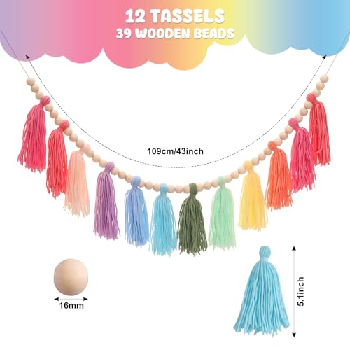 Colorful Tassel Garland with Wood Beads - 43-inch Boho Wall Hanging Decor