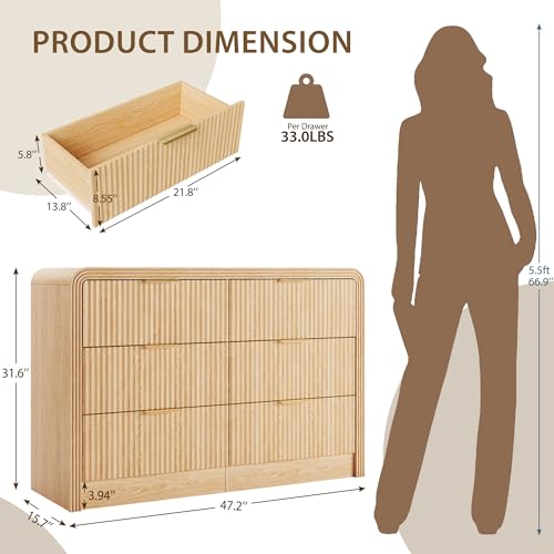 47-Inch Fluted 6-Drawer Dresser, Natural Oak Wood Storage Chest