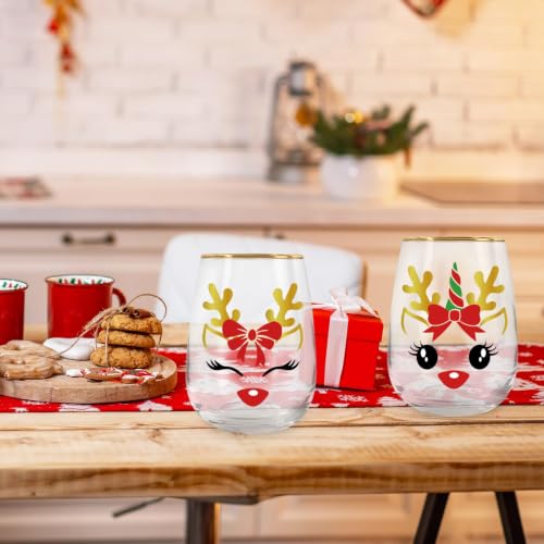 Whaline 4 Pack Christmas Reindeer Stemless Wine Glasses 17oz with Gold Rim for Holiday Parties