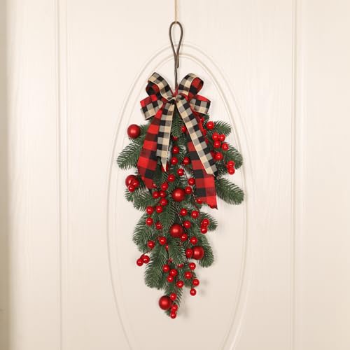 CITYES Xmas Artificial Teardrop Swag Wreath with Pine Cones & Red Berries, Outdoor Indoor Holiday Door Decor