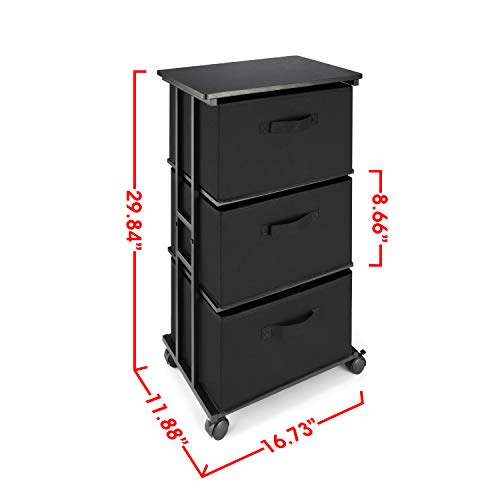 3-Drawer Fabric Storage Tower - Rolling Slim Dresser Organizer (Black)
