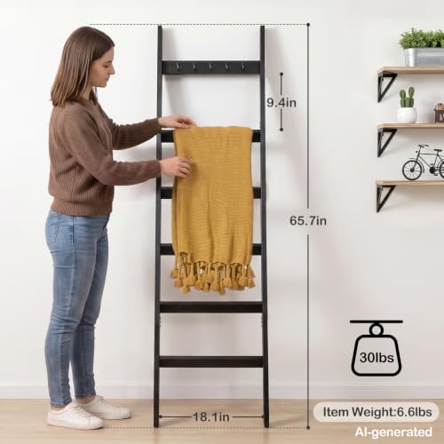 6-Tier Solid Wood Blanket Ladder with Hooks, 5.4ft Farmhouse Quilt Rack