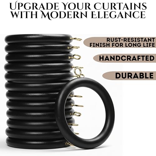 Wooden Curtain Rings with Metal Hooks for 1.5-inch Rods - 12 Pack