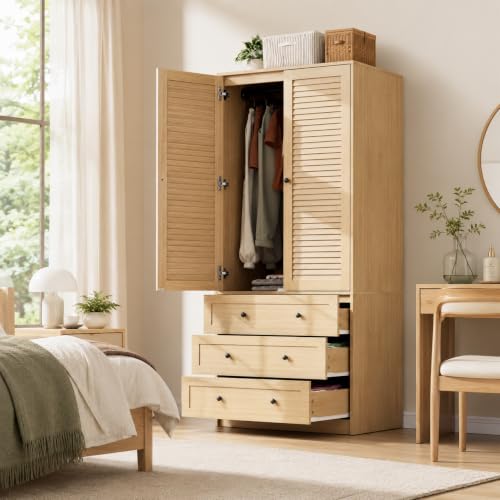 70-Inch Modern Wooden Wardrobe Armoire with 3 Drawers and Hanging Rod