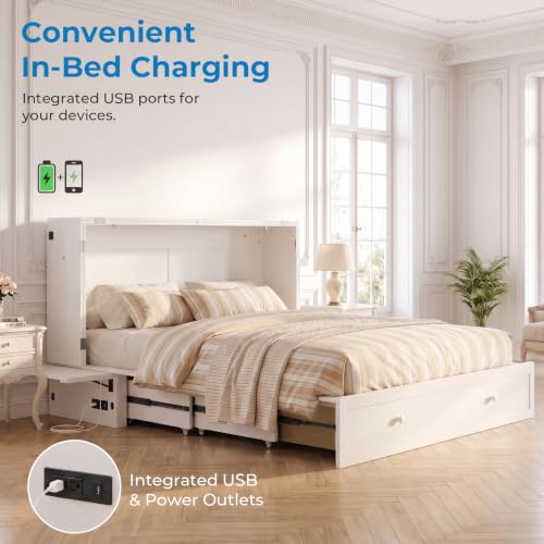 Queen Size Murphy Bed with Tri-Fold Mattress, USB Charging & Storage Drawers