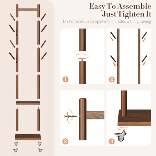 Solid Wood Rolling Coat Rack with 8 Hooks & Shelves, Portable Garment Stand