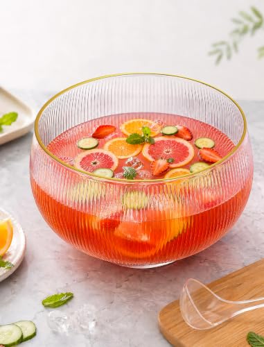2.5 Gallon Ribbed Glass Punch Bowl Set with Gold Rim and Serving Ladle