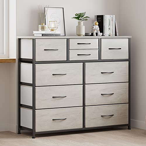 10-Drawer Fabric Dresser with Wooden Top, Storage Tower for Bedroom