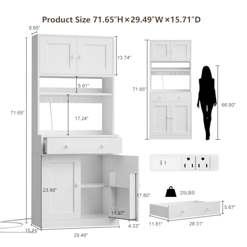 71" Tall Kitchen Pantry Cabinet with Microwave Stand, LED Lights & Charging