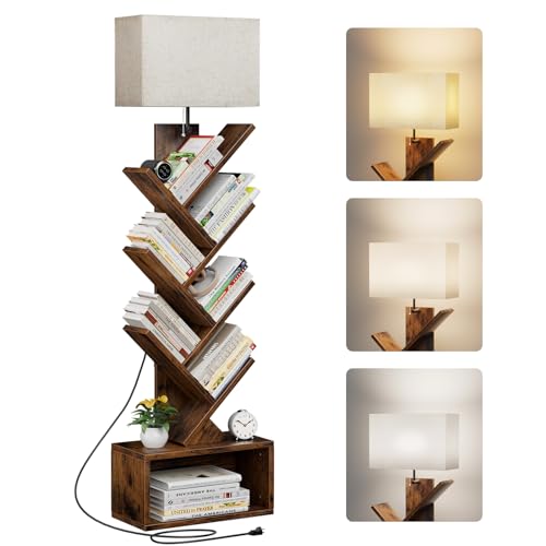 6-Tier Tree Bookshelf with Adjustable LED Lighting, Rustic Brown