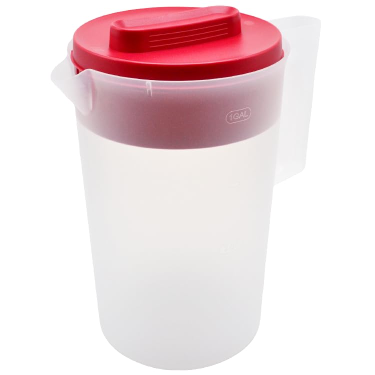 1 Pack 1 Gallon 4 Quarts Plastic Beverage Pitcher Clear Body & Red Lid, 3 Position Pour Spout Lid for Water Tea and Drinks