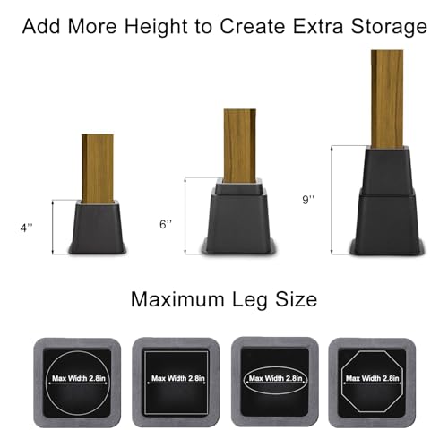 Adjustable Bed Risers Stackable 4/6/9 Inch Lifts - 8 Pack - Black+Pink Variation K13