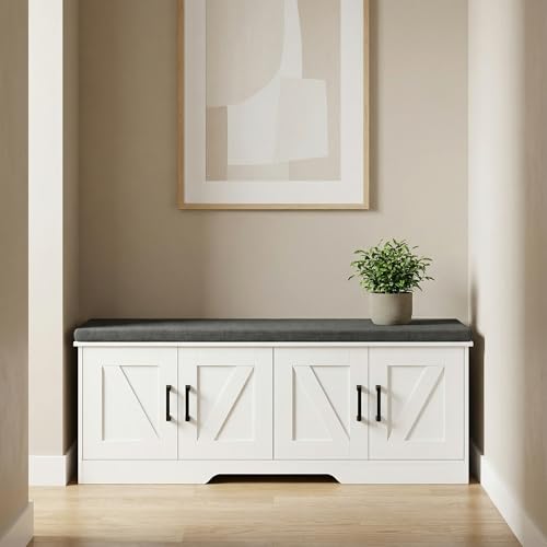 Farmhouse Shoe Storage Bench with 4 Barn Doors and Padded Seat Cushion