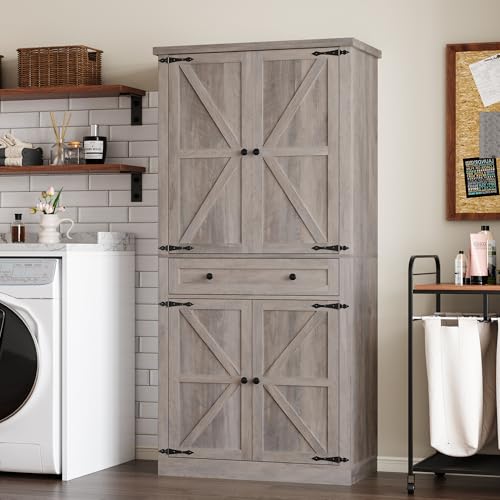 Tall Kitchen Pantry Cabinet with Barn Doors, White Storage Organizer
